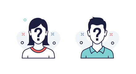 User profile icons (male and female) featuring question marks on their faces, symbolizing unknown identities or anonymity.