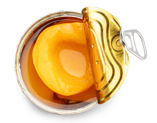 Peeled canned peach halves on a metal open can isolated on white background. File contains clipping paths.