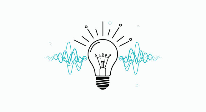 Bright lightbulb radiating lines, flanked by dynamic sound waves, symbolizing innovative ideas and audible insights.