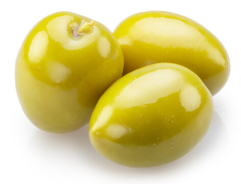 Three green olives isolated on white background. File contains clipping paths.