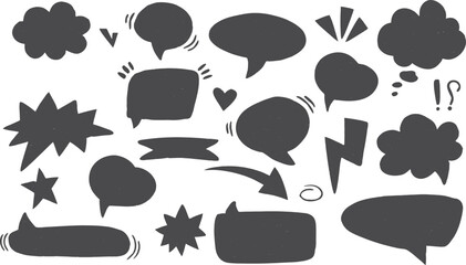 “Set of hand-drawn comic speech bubbles and shapes in black silhouette style. Collection includes thought clouds, stars, arrows, and exclamations. Perfect for cartoon, pop art, and design projects.”