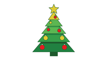 Festive green Christmas tree adorned with vibrant red and yellow baubles, topped with a shining golden star, perfect for holiday celebrations and seasonal design.