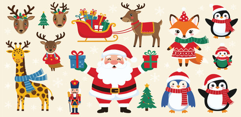 Fototapeta premium Christmas Vector Collection Featuring Santa, Reindeer, and Festive Animals
