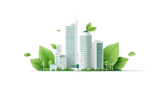 Illustrative concept of a futuristic environmentally conscious city with modern architecture abundant natural elements and wind power gene n highlighting sustainability