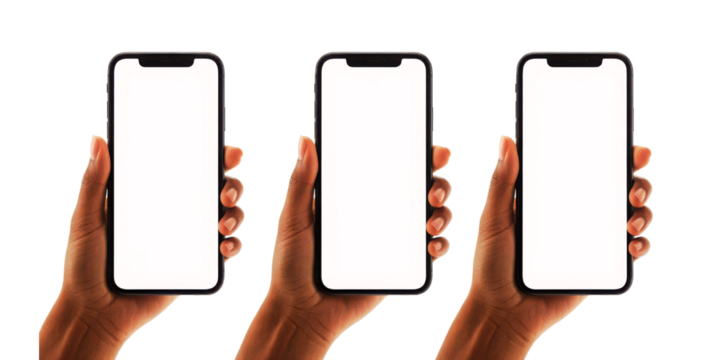 Three hands holding modern smartphones with blank white screens