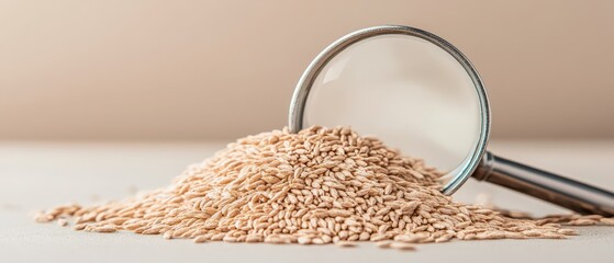 Close up view of a pile of grains and a magnifying glass, symbolizing scientific research and biotechnology analysis of natural elements.