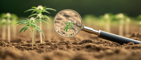 Magnifying glass examines young cannabis plant sprouts growing in rich soil, representing scientific research in biotechnology and plant cultivation.