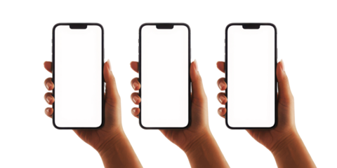 Three hands holding modern smartphones with blank white screens.