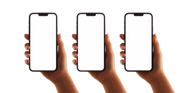 Three hands holding modern smartphones with blank white screens.