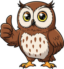 Cute cartoon owl giving thumbs up, happy bird character illustration with big shiny eyes, forest animal mascot design for kids.