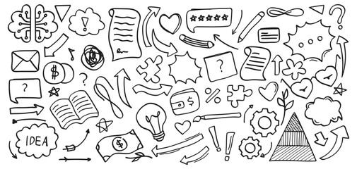 Hand Drawn Black Doodle Ideas Thinking and Knowledge and Business Icon Collection.