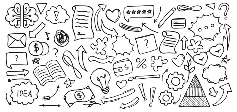 Hand Drawn Black Doodle Ideas Thinking and Knowledge and Business Icon Collection.