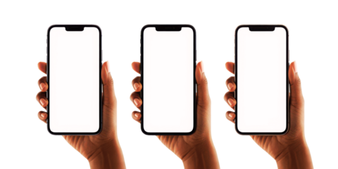 Three hands holding modern smartphones with empty white screens
