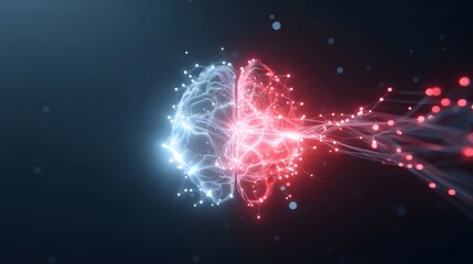 An abstract representation of a human brain divided into blue and red glowing hemispheres featuring intricate neural networks and luminous data streams symbolizing intelligence and processing