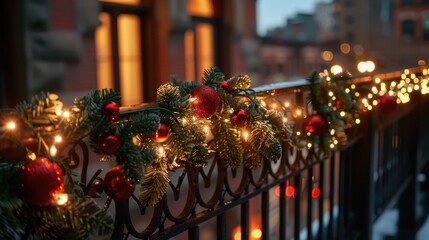 Railing is decorated with Christmas lights and red balls