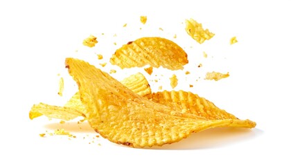 Golden Rippled Potato Chips on White Background.
