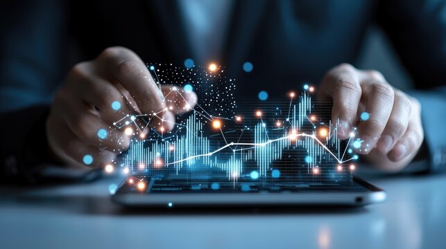 Professional analyzes market data on a laptop during nighttime, surrounded by a glowing city skyline - Powered by Adobe