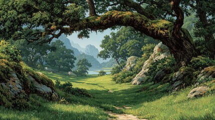Lush valley, sunlight through ancient oak