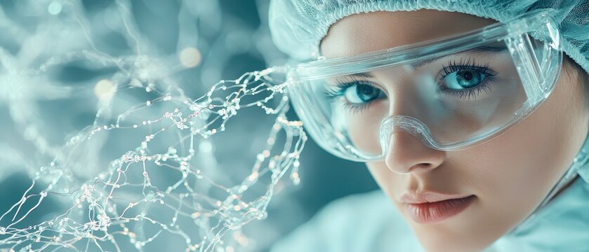 Close-up of a scientist looking at molecular structure in a futuristic laboratory.