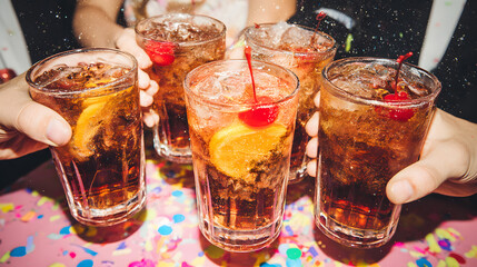 Close up of five cocktails at a party