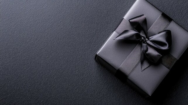 A sleek black gift box with a shiny ribbon sits on a dark surface, exuding elegance and sophistication for any occasion