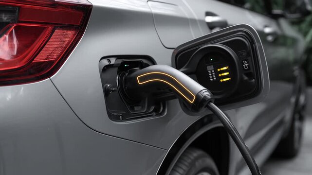 Electric or Plug-in Hybrid Car Charging Using the Charger. Futuristic and modern EV charger glowing and indicating the vehicle is charging