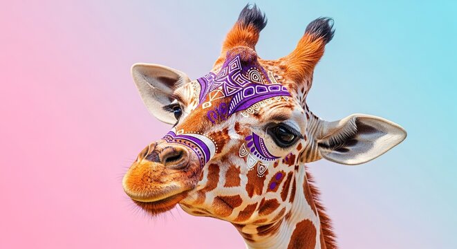 Closeup portrait of a giraffe wearing a purple bandana with a colorful pastel background