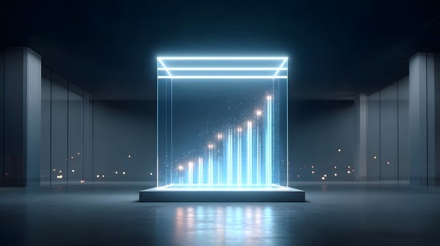 Abstract futuristic projection of a luminous blue bar graph displaying financial data and business growth trends within a sleek modern environment