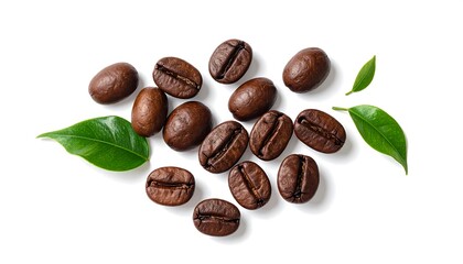 Roasted coffee beans with fresh green leaves on white background.