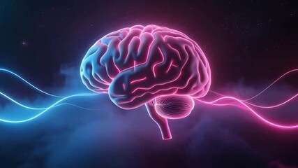 The human brain illuminated by neon lights, symbolizing thought, cognition, and neuroscience