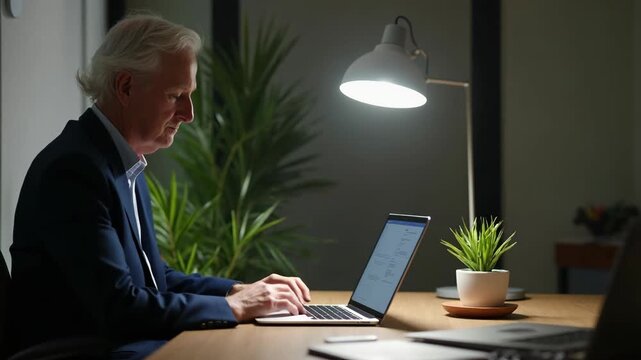 Mature adult 60s aged woman working at laptop watching video conference webinar training, virtual meeting. Business lady e learning online computer classes, typing, seniors and rem.