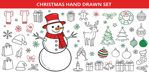 Hand Drawn Christmas Elements Set Featuring Snowman, Reindeer, Trees, Gifts, Ornaments, and Holiday Accessories