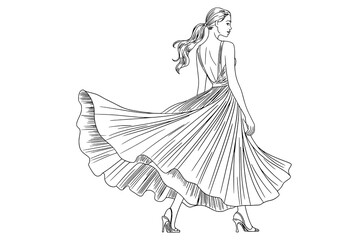 Minimalist Black Outline Illustration of a Woman in a Flowing Pleated Dress, Walking and Looking Back, on a White Background