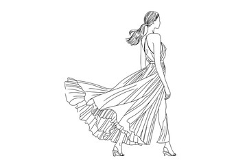 Minimalist Black Outline Illustration of a Woman in a Flowing Pleated Dress, Walking and Looking Back, on a White Background