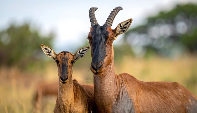 Focused Topi Antelopes in the African Savannah Landscape.