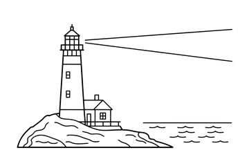 Minimalist Black Outline Illustration of a Lighthouse on a Rocky Coastline with a Radiant Light Beam, on a White Background