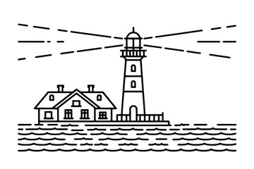 Minimalist Black Outline Lighthouse Scene with Keeper's House, Wavy Water, and Emitting Light Beams
