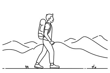 Minimalist Line Art of a Male Hiker with Backpack, Profile View, Walking on a Path against an Abstract Mountain Range, Black Outline on White Background