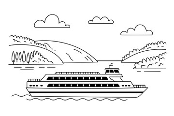 Outline Vector Illustration of a Passenger Ferry Cruising a Bay with Coastal Hills and Clouds