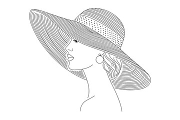 Elegant Black Outline Portrait of a Woman in Profile, Wearing a Wide-Brimmed Sun Hat with Textured Brim and a Hexagonal Pattern Hatband on a White Background.