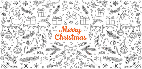 Obraz premium Festive Christmas doodle pattern with snowman, gifts, ornaments for winter holidays