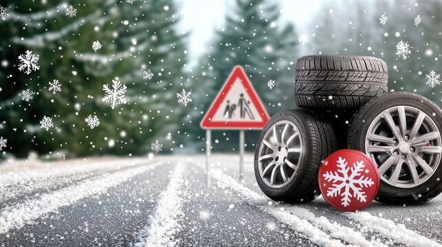 A snowy road surrounded by trees features a stack of tires and a warning sign, emphasizing the importance of safe winter driving