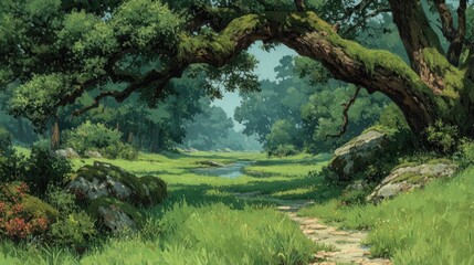 Lush forest glade with a meandering stream