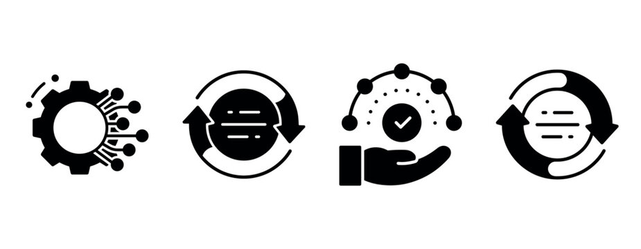 Set of black icons: technology, process, management, efficiency
