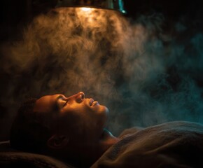Obraz premium A man lying on his back a massage table with a steaming machine above their head