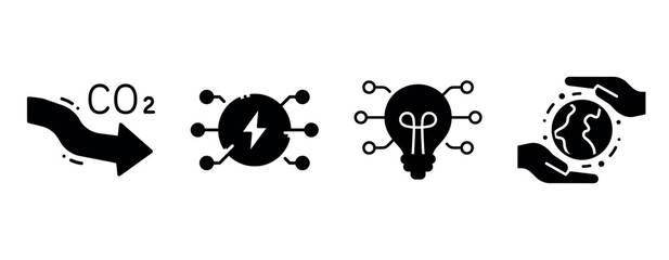 Black icon set illustrating sustainability and energy solutions