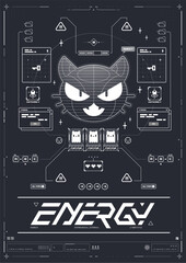 Futuristic UI with robotic cat face, experimental panels, and cyberpunk control elements.