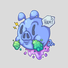 A blue cartoon pig with green cheeks and purple slime asks 