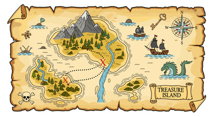 Pirate Treasure Map with Island Ship Sea Monster and Key Isolated on Transparent Background