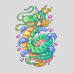A colorful dragon with a unicorn horn, green scales, yellow belly, and blue clouds around its body. Cartoon vector character. Trendy style. Vector illustration.